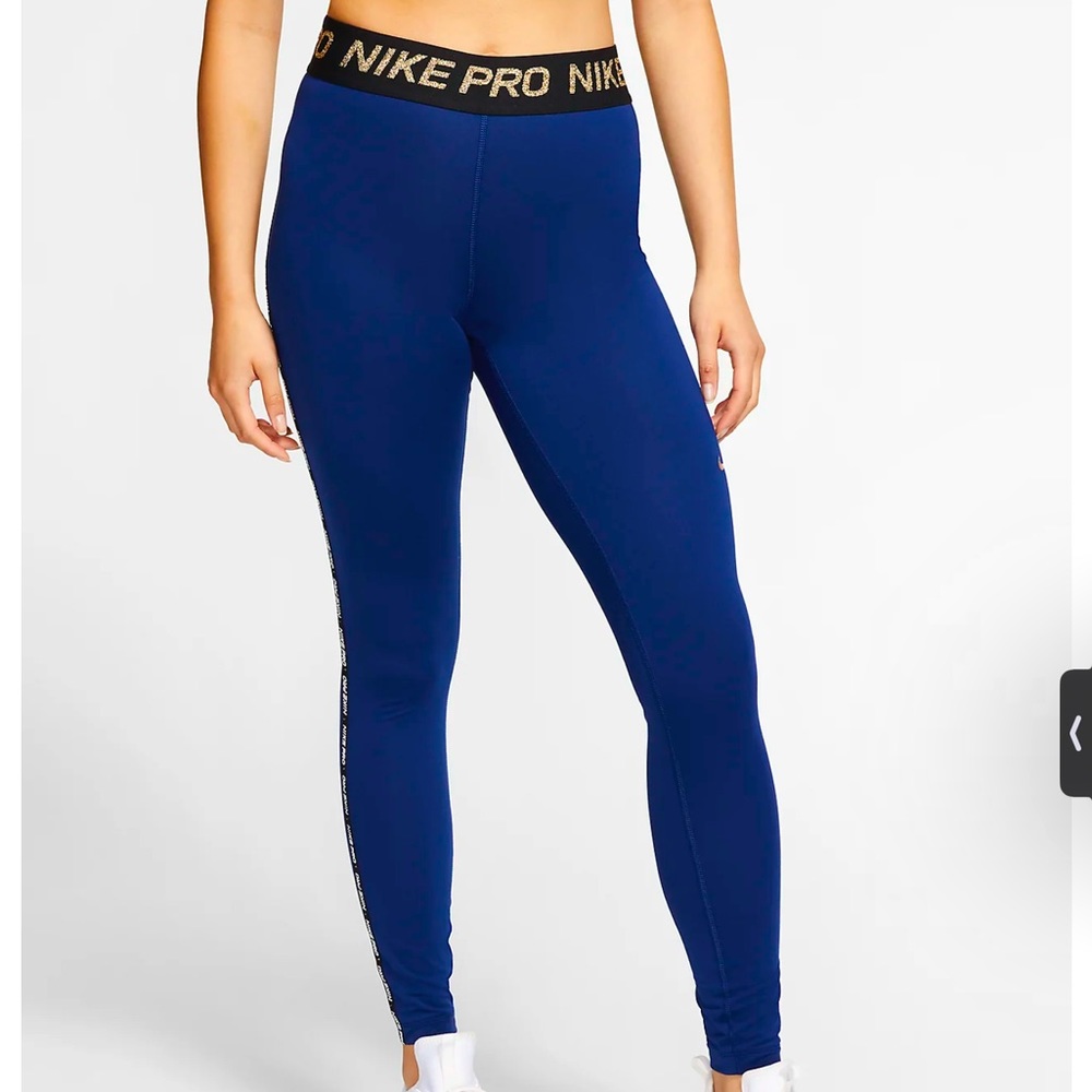 Nike Pro Blue And Gold Glitter Metallic Taping Leggings